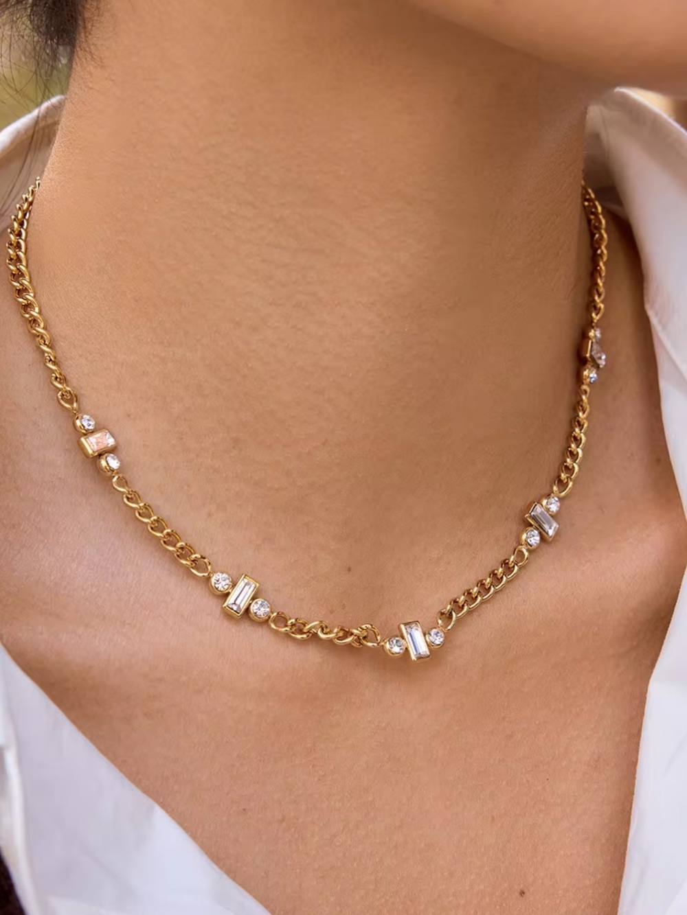 Gold Chain Necklace with Cubic Zirconia Accents